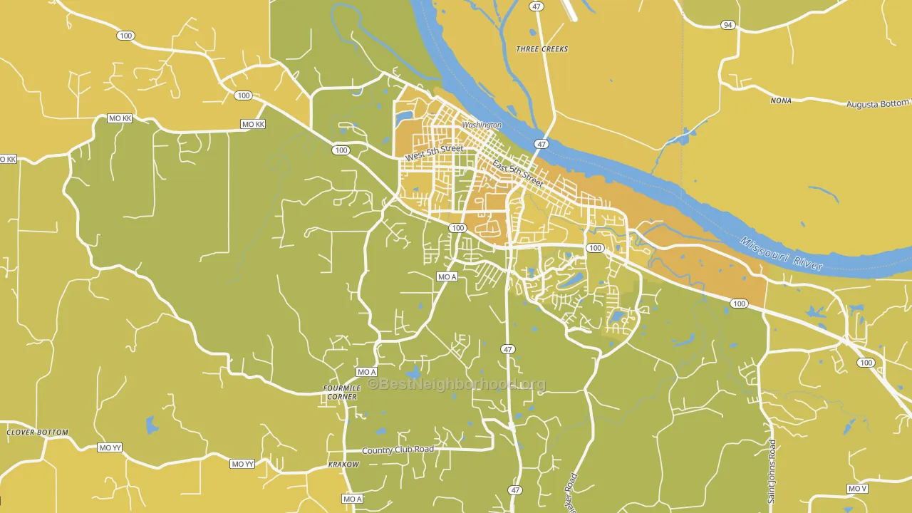 Map of the best neighborhoods in the Washington area, with better matches in green and worse matches in red