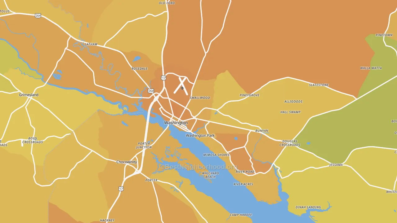 Map of the best neighborhoods in the Washington area, with better matches in green and worse matches in red