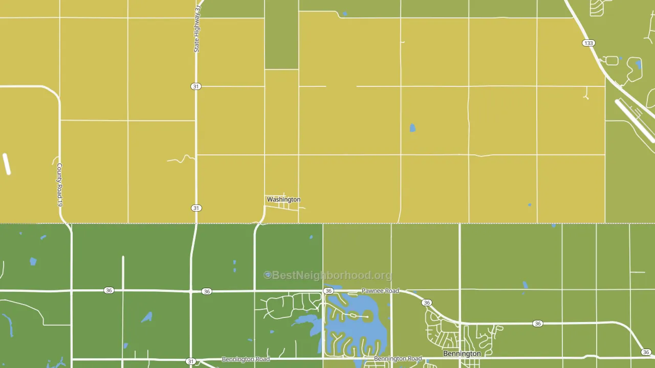 Map of the best neighborhoods in the Washington area, with better matches in green and worse matches in red
