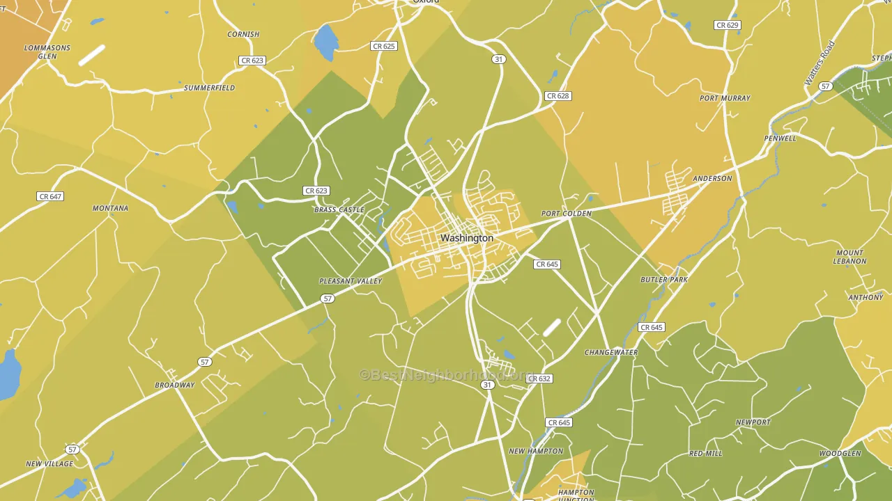 Map of the best neighborhoods in the Washington area, with better matches in green and worse matches in red