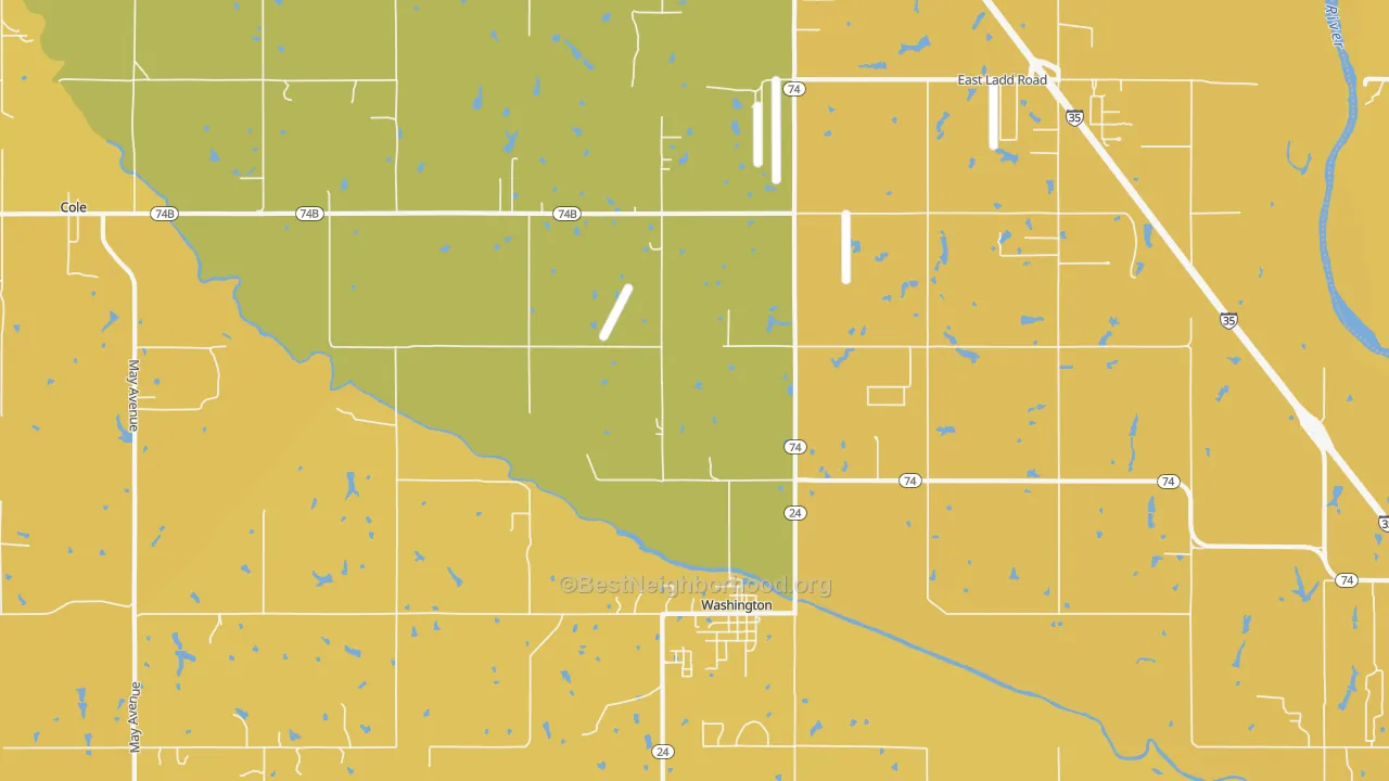 Map of the best neighborhoods in the Washington area, with better matches in green and worse matches in red