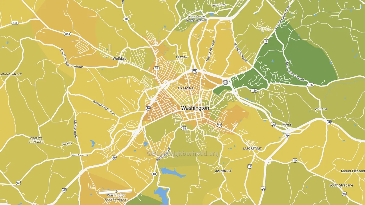 Map of the best neighborhoods in the Washington area, with better matches in green and worse matches in red