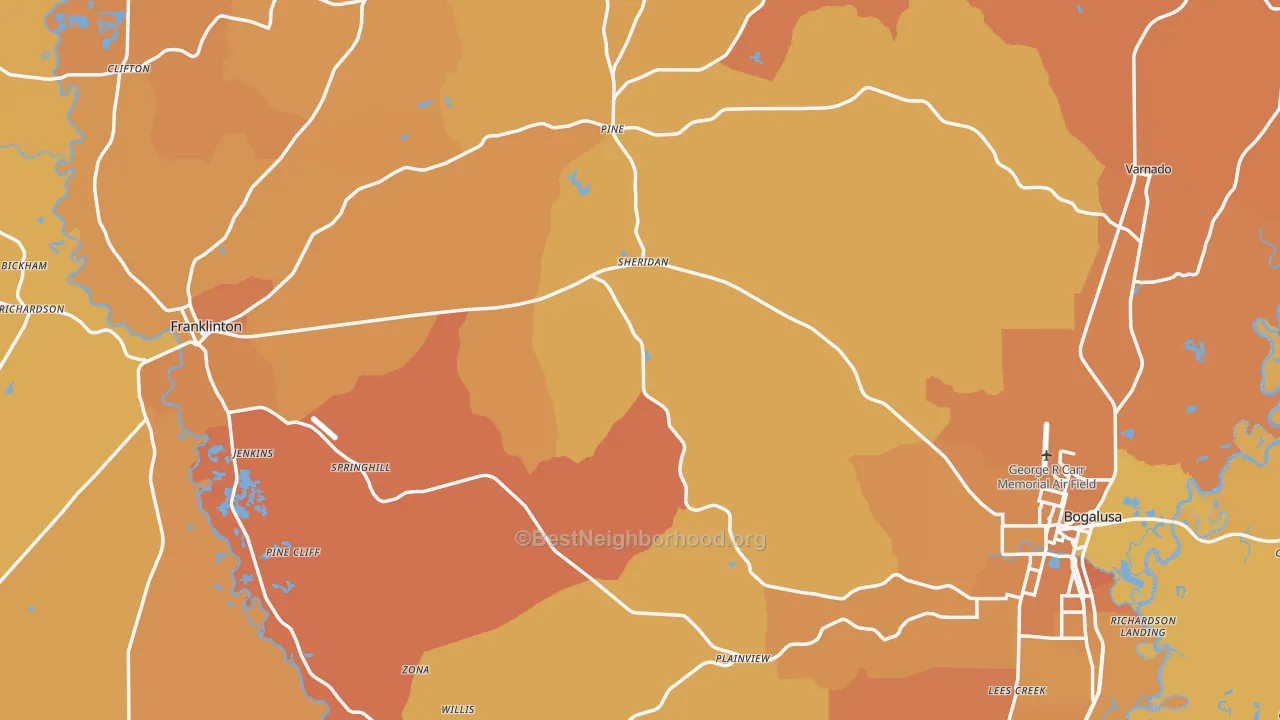 Map of the best neighborhoods in the Washington Parish area, with better matches in green and worse matches in red
