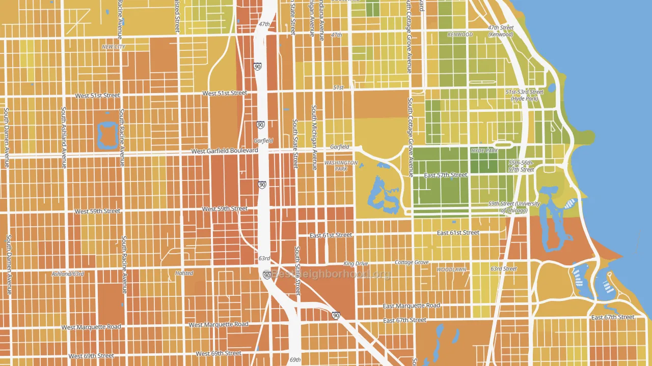 Map of the best neighborhoods in the Washington Park, Chicago area, with better matches in green and worse matches in red
