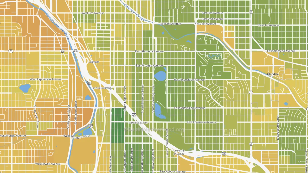 Map of the best neighborhoods in the Washington Park, Denver area, with better matches in green and worse matches in red