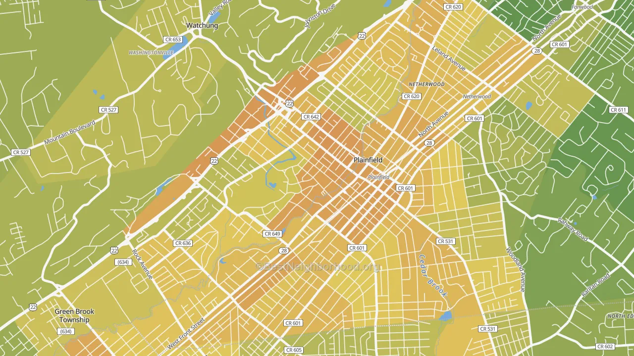 Map of the best neighborhoods in the Washington Park Historic District, North Plainfield area, with better matches in green and worse matches in red