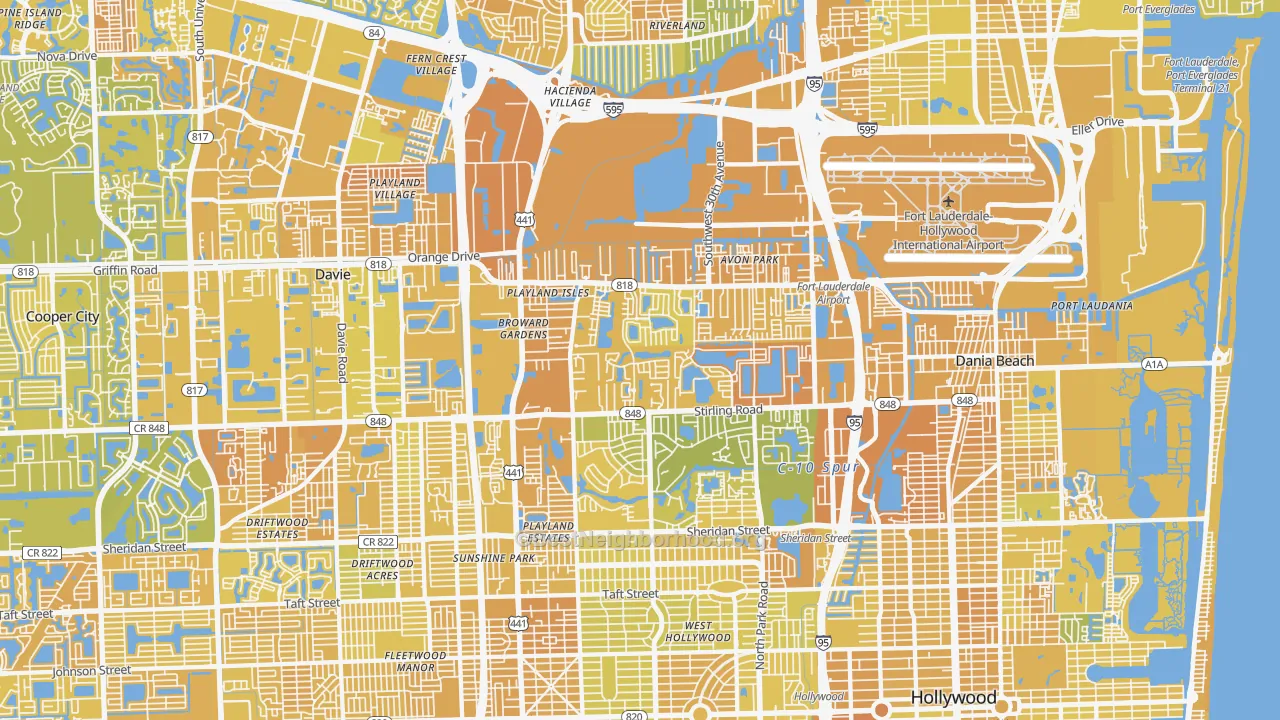 Map of the best neighborhoods in the Washington Park, Hollywood area, with better matches in green and worse matches in red