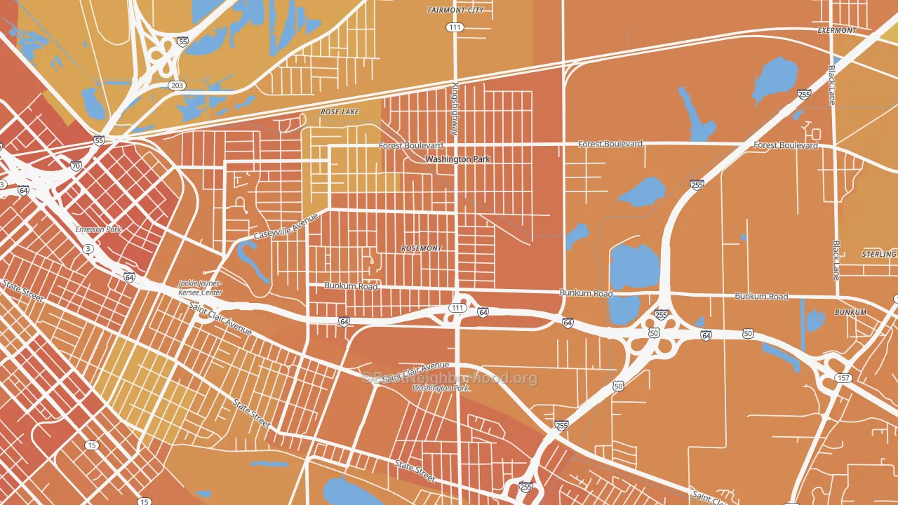 Map of the best neighborhoods in the Washington Park area, with better matches in green and worse matches in red