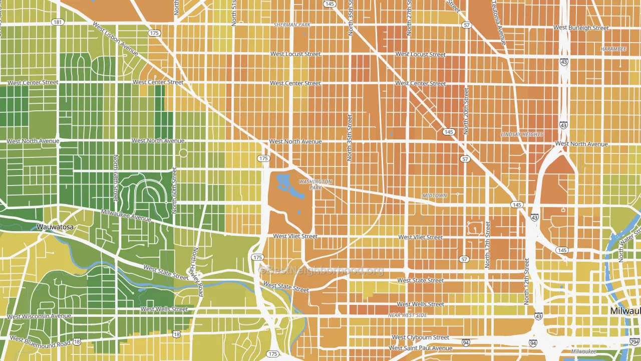 Map of the best neighborhoods in the Washington Park, Milwaukee area, with better matches in green and worse matches in red