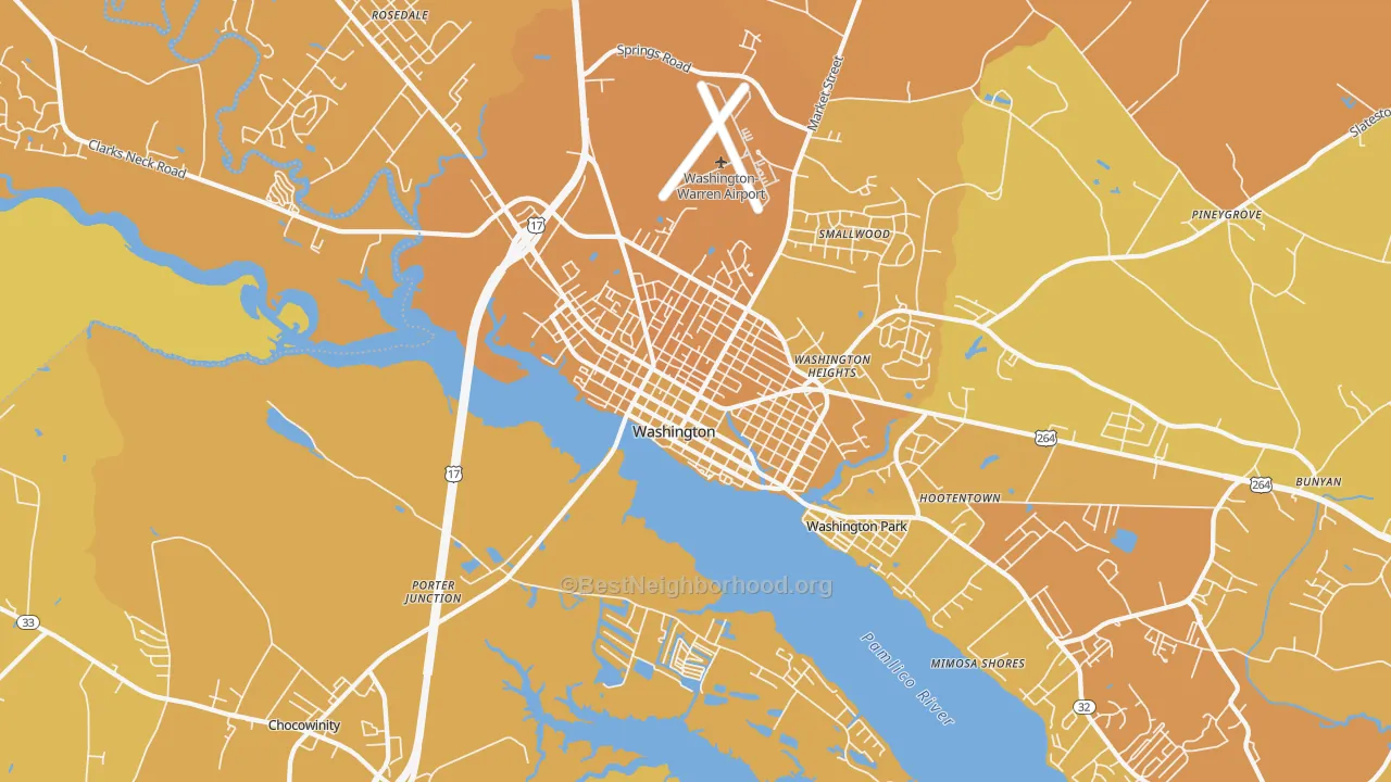 Map of the best neighborhoods in the Washington Park area, with better matches in green and worse matches in red