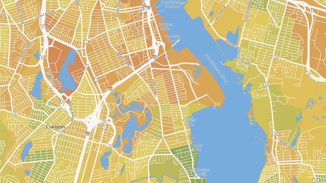 Map of the best neighborhoods in the Washington Park, Providence area, with better matches in green and worse matches in red