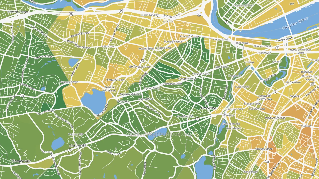 Map of the best neighborhoods in the Washington Square, Brookline area, with better matches in green and worse matches in red
