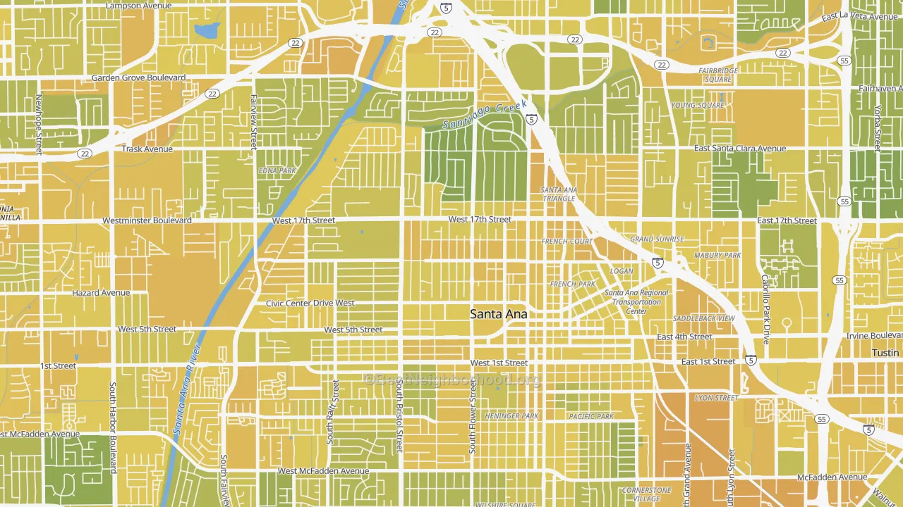 Map of the best neighborhoods in the Washington Square, Santa Ana area, with better matches in green and worse matches in red