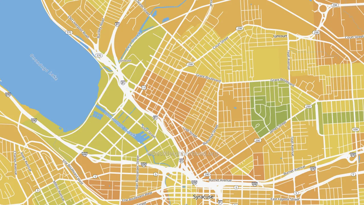 Map of the best neighborhoods in the Washington Square, Syracuse area, with better matches in green and worse matches in red