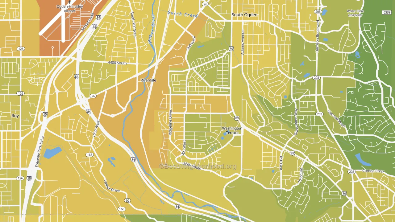 Map of the best neighborhoods in the Washington Terrace area, with better matches in green and worse matches in red