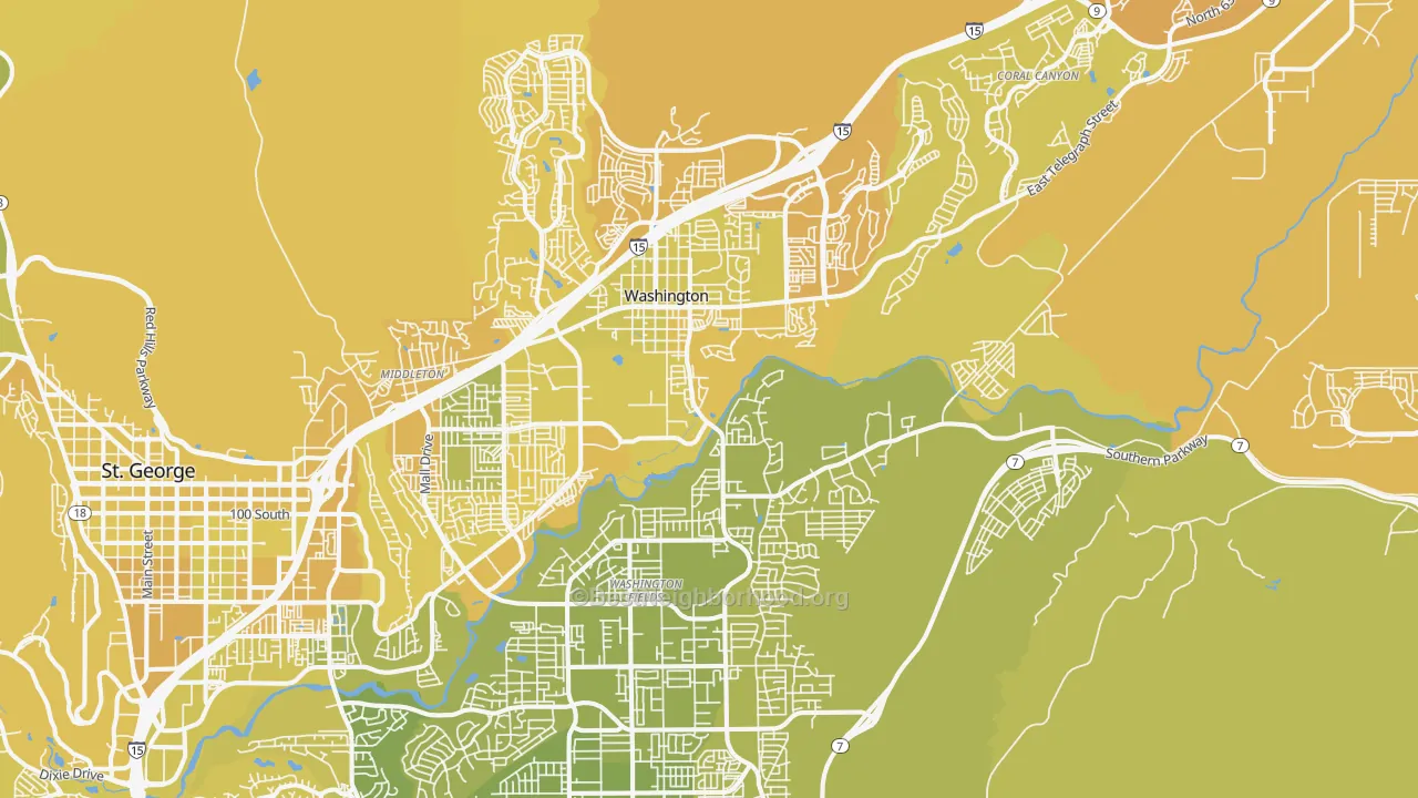 Map of the best neighborhoods in the Washington area, with better matches in green and worse matches in red