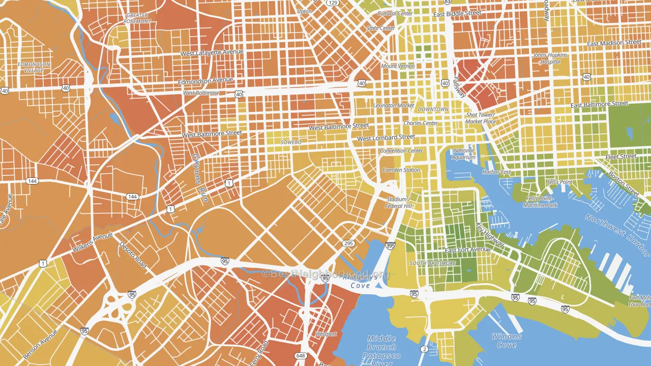 Map of the best neighborhoods in the Washington Village, Baltimore area, with better matches in green and worse matches in red