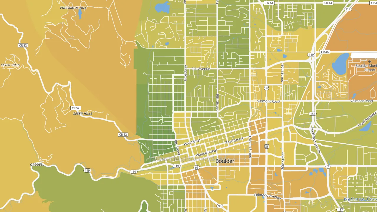 Map of the best neighborhoods in the Washington Village, Boulder area, with better matches in green and worse matches in red