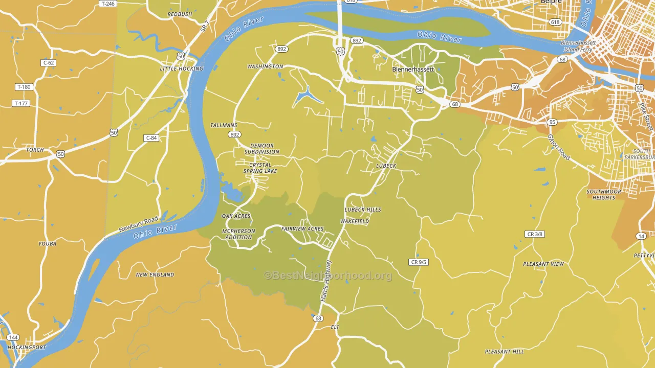 Map of the best neighborhoods in the Washington area, with better matches in green and worse matches in red