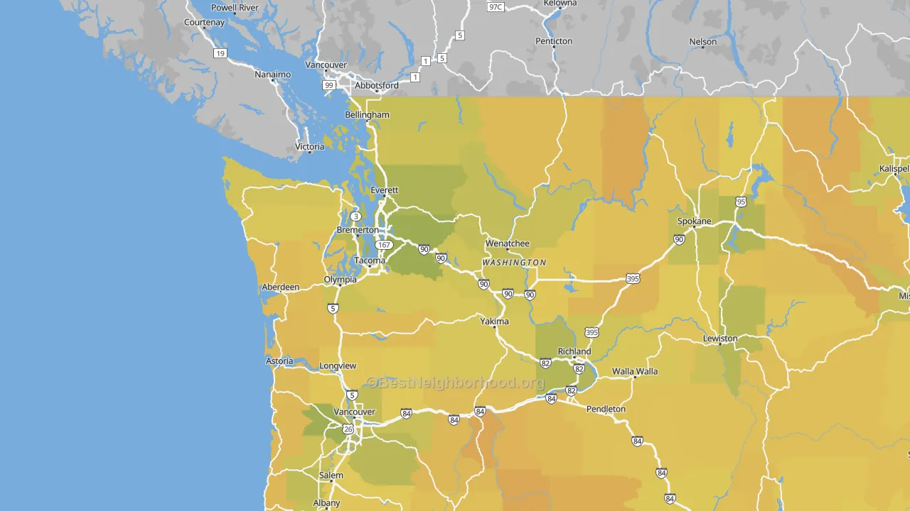 Map of the best neighborhoods in the Washington area, with better matches in green and worse matches in red