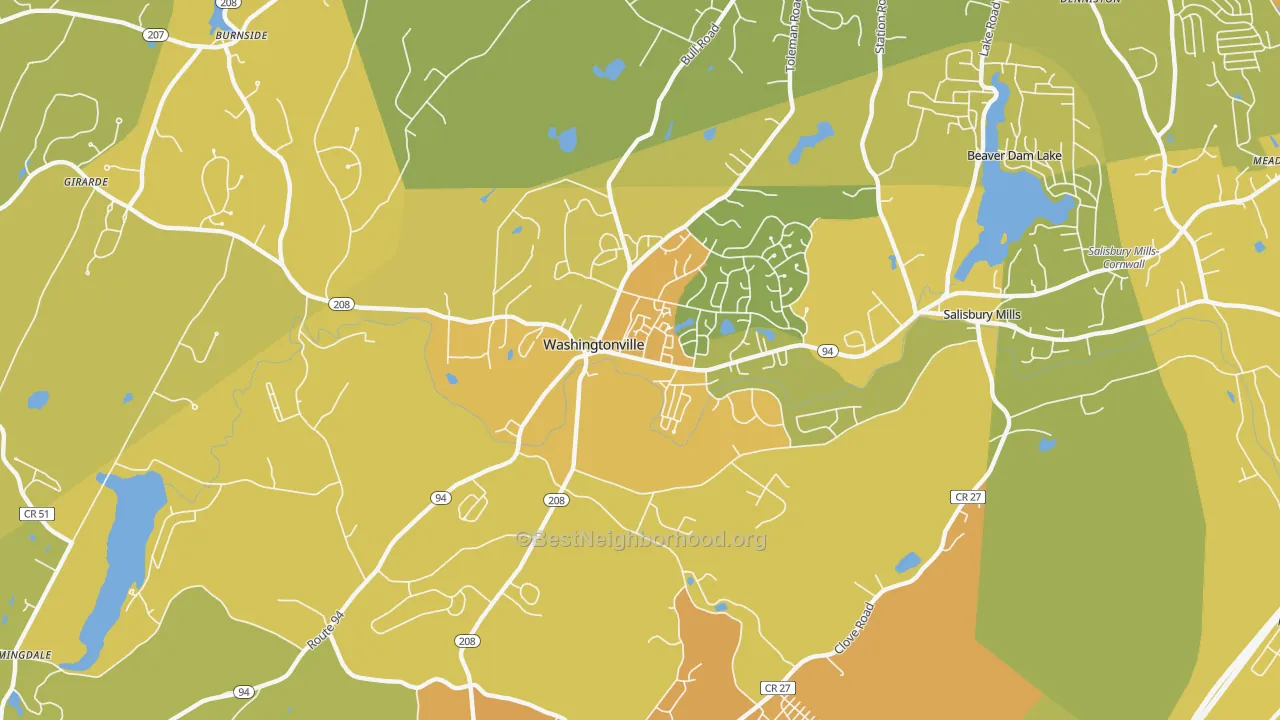 Map of the best neighborhoods in the Washingtonville area, with better matches in green and worse matches in red