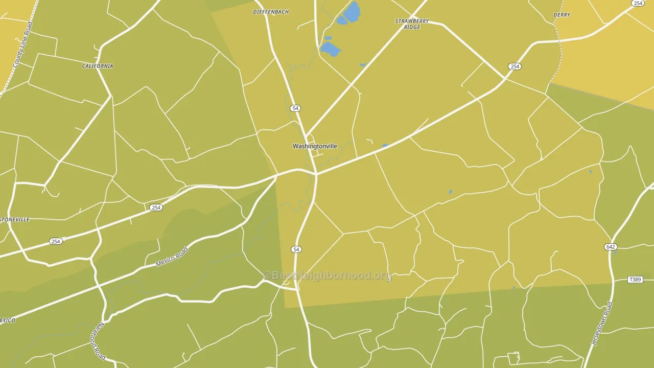Map of the best neighborhoods in the Washingtonville area, with better matches in green and worse matches in red