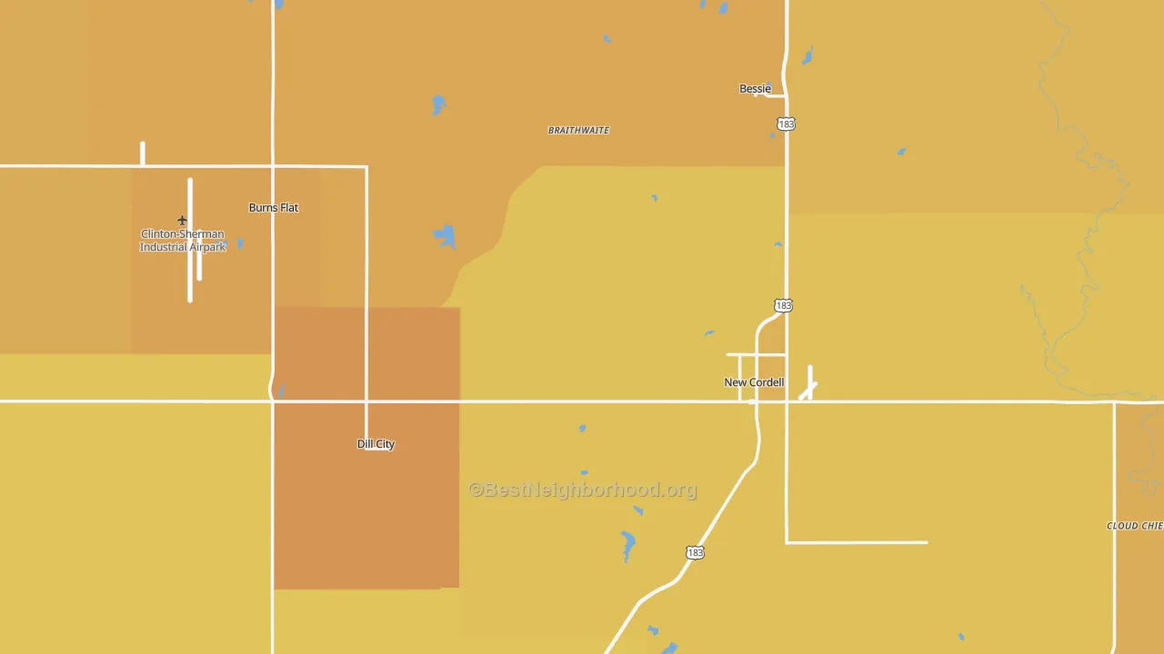 Map of the best neighborhoods in the Washita County area, with better matches in green and worse matches in red