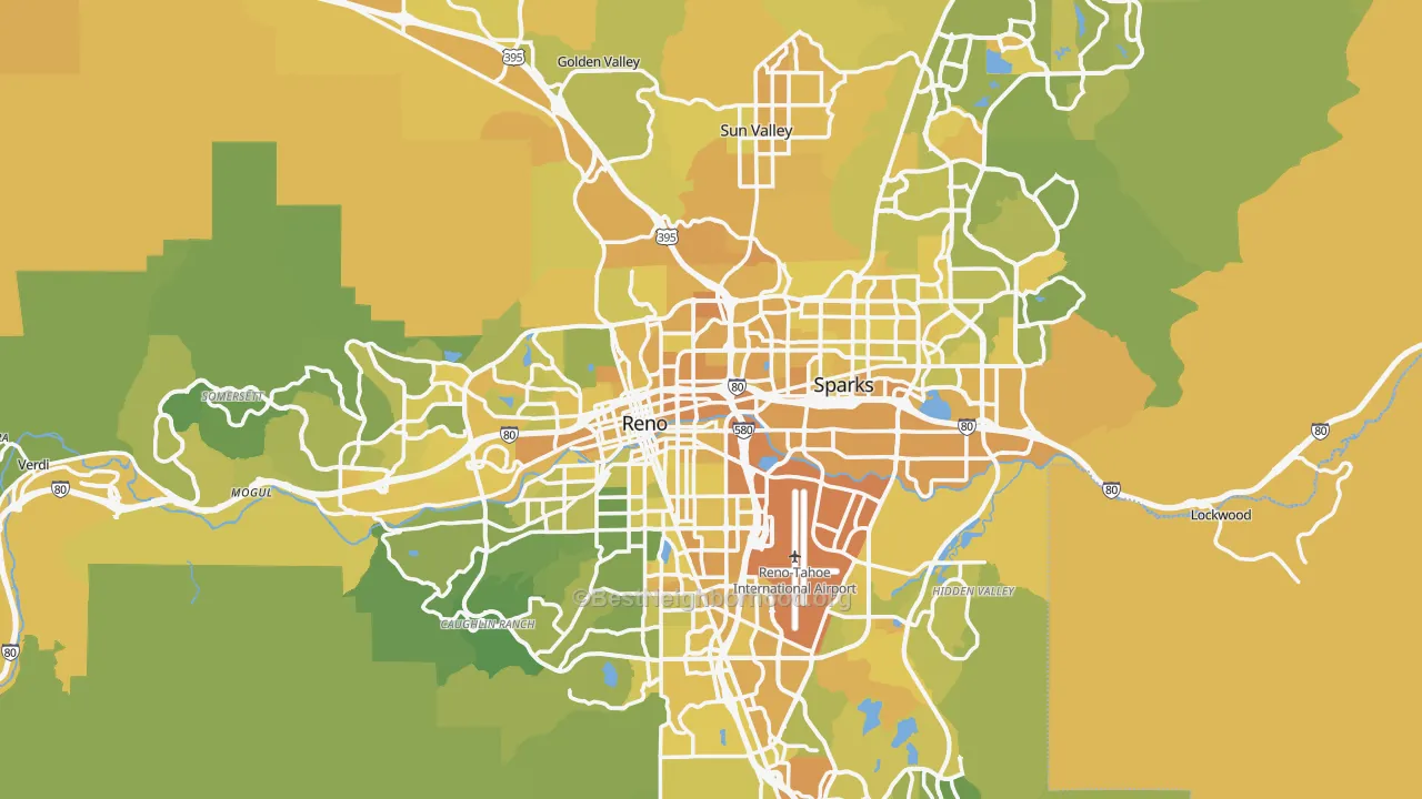 Map of the best neighborhoods in the Washoe County area, with better matches in green and worse matches in red