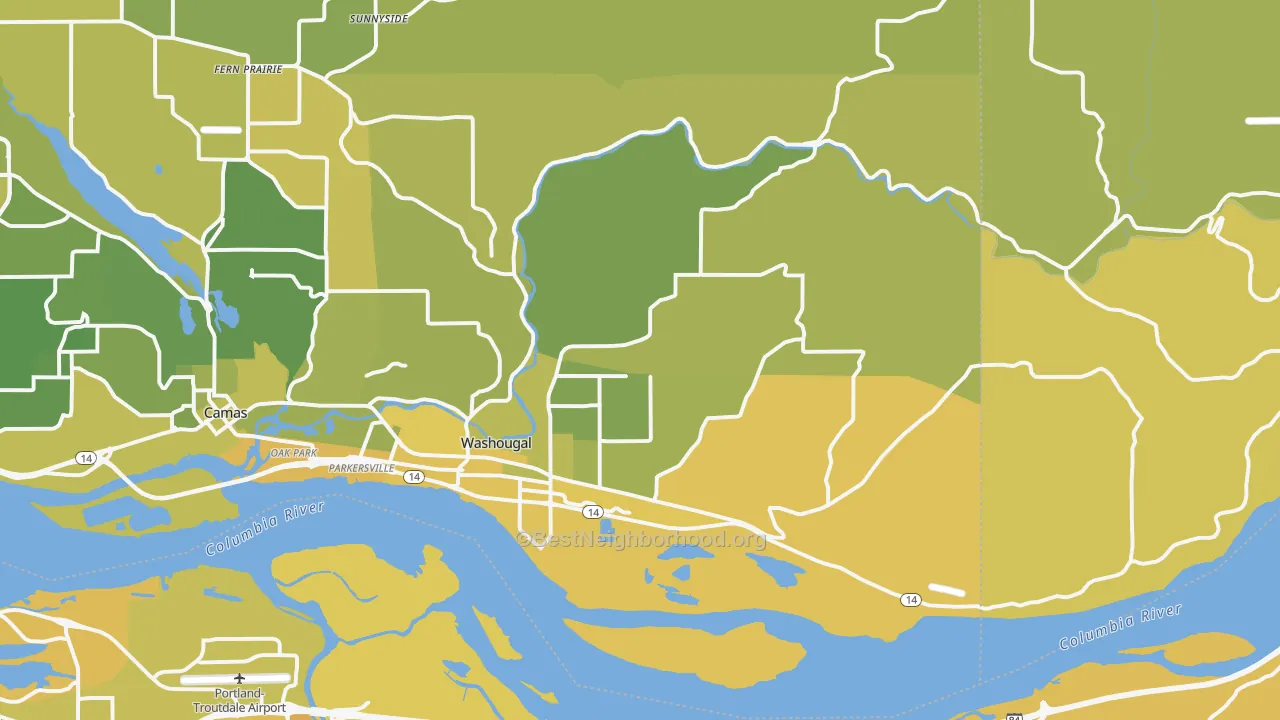 Map of the best neighborhoods in the Washougal area, with better matches in green and worse matches in red