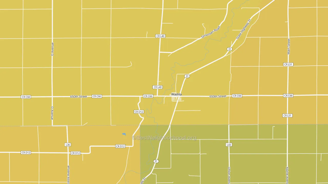 Map of the best neighborhoods in the Washta area, with better matches in green and worse matches in red