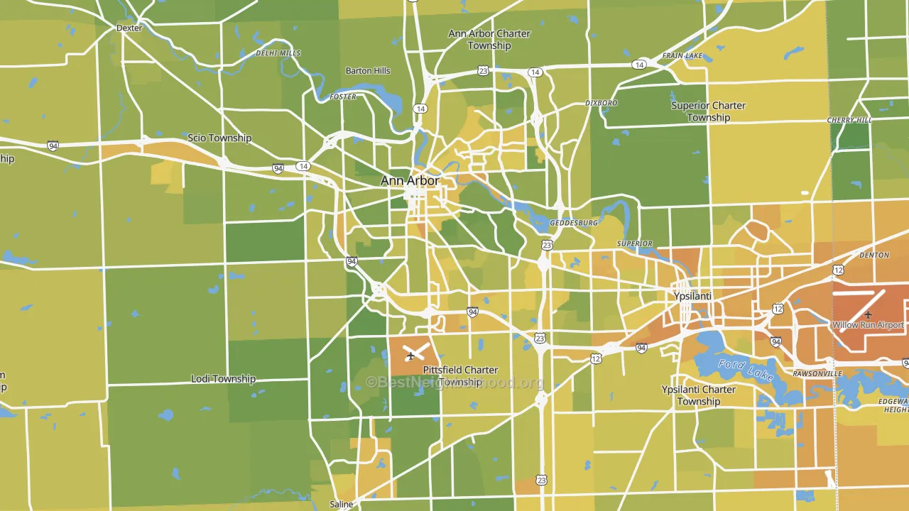 Map of the best neighborhoods in the Washtenaw County area, with better matches in green and worse matches in red