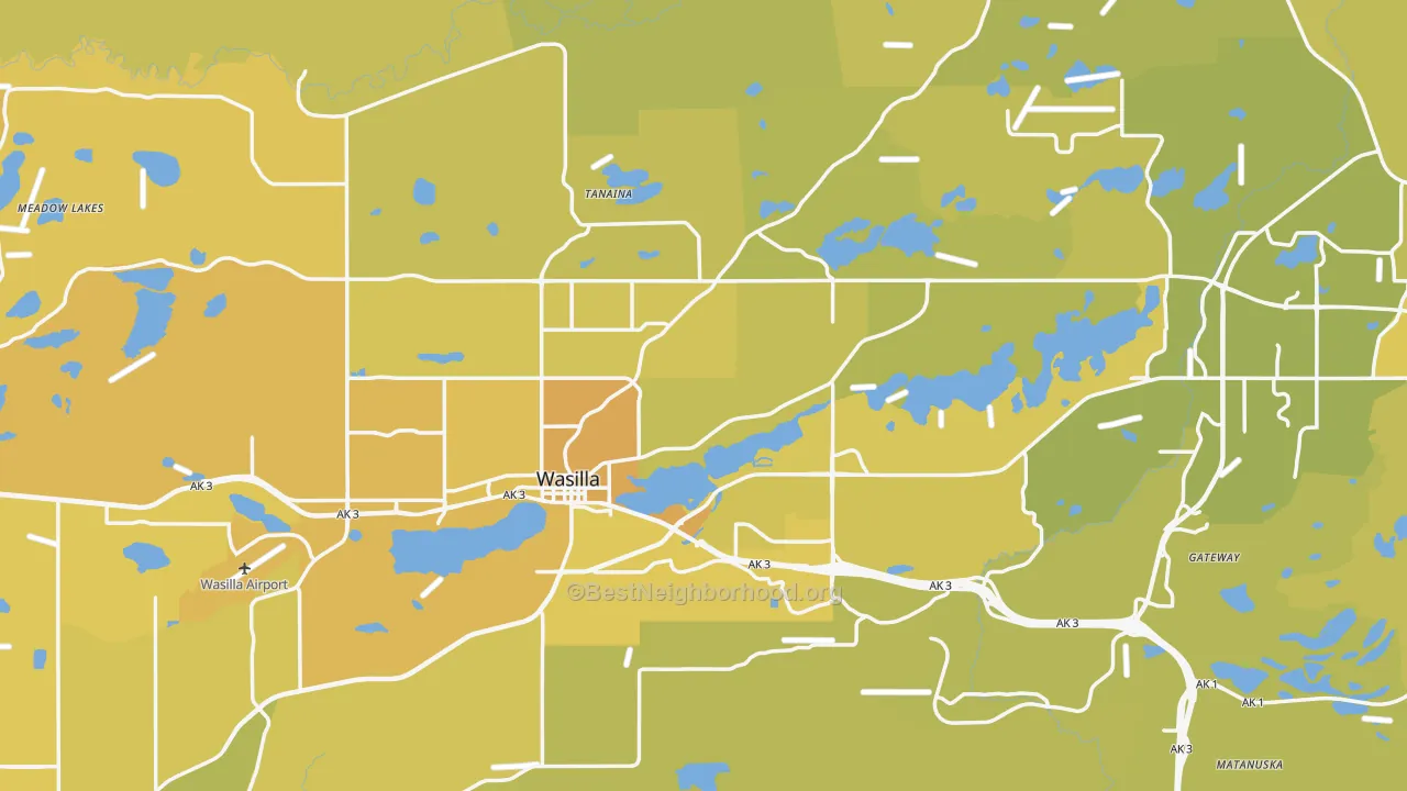 Map of the best neighborhoods in the Wasilla area, with better matches in green and worse matches in red