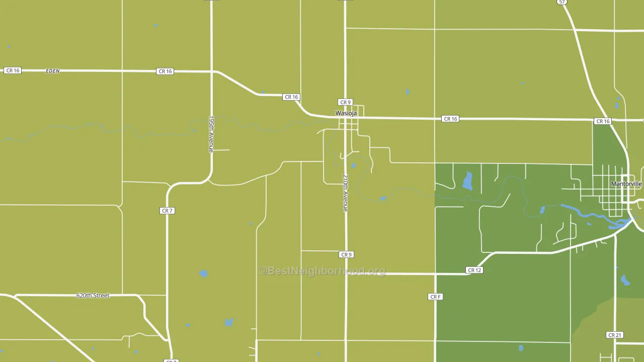 Map of the best neighborhoods in the Wasioja area, with better matches in green and worse matches in red
