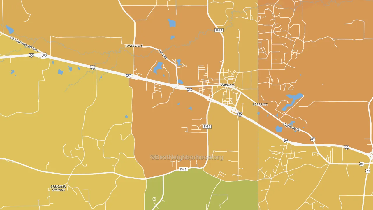 Map of the best neighborhoods in the Waskom area, with better matches in green and worse matches in red