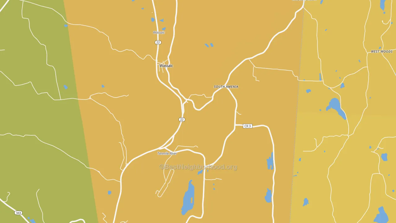 Map of the best neighborhoods in the Wassaic area, with better matches in green and worse matches in red