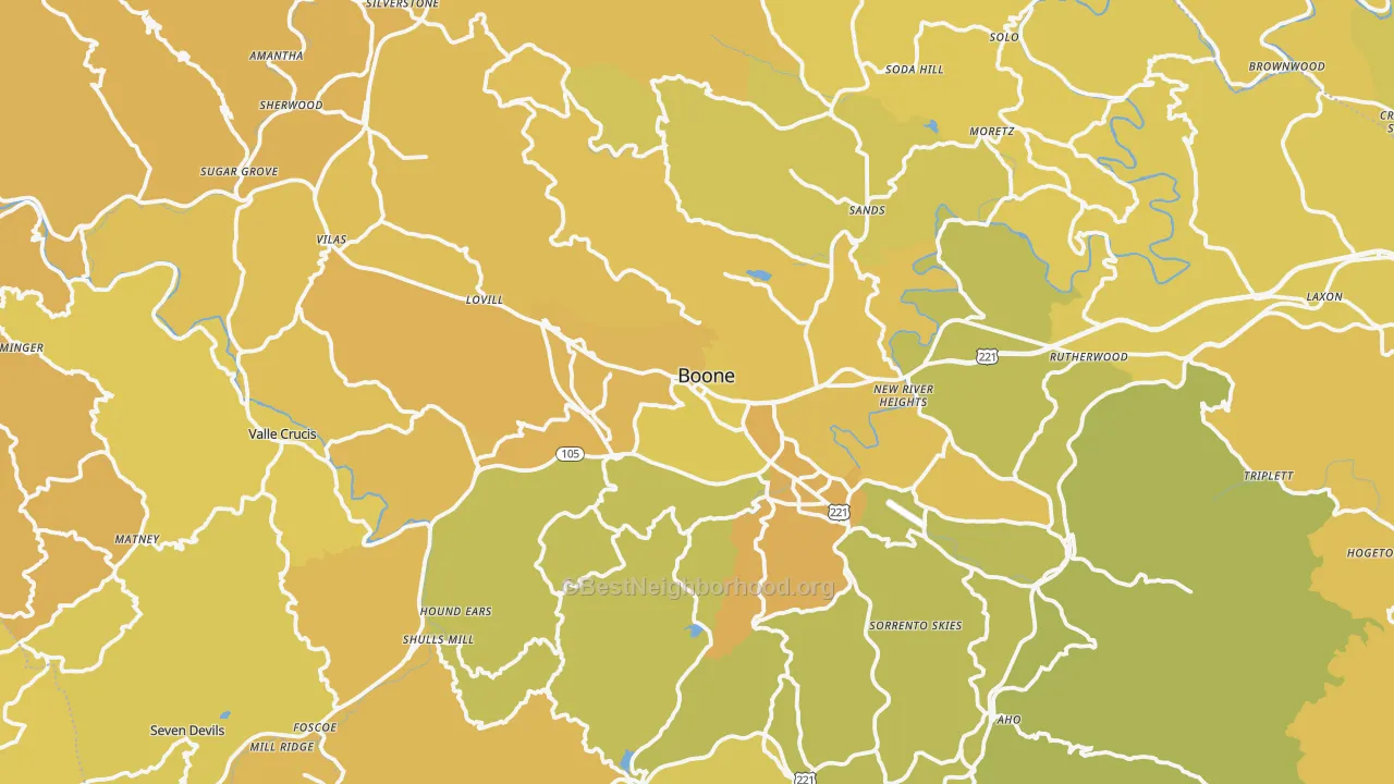 Map of the best neighborhoods in the Watauga County area, with better matches in green and worse matches in red