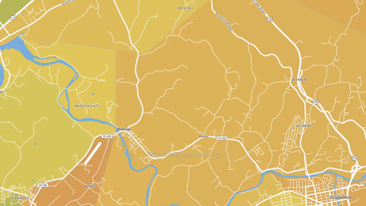 Map of the best neighborhoods in the Watauga area, with better matches in green and worse matches in red