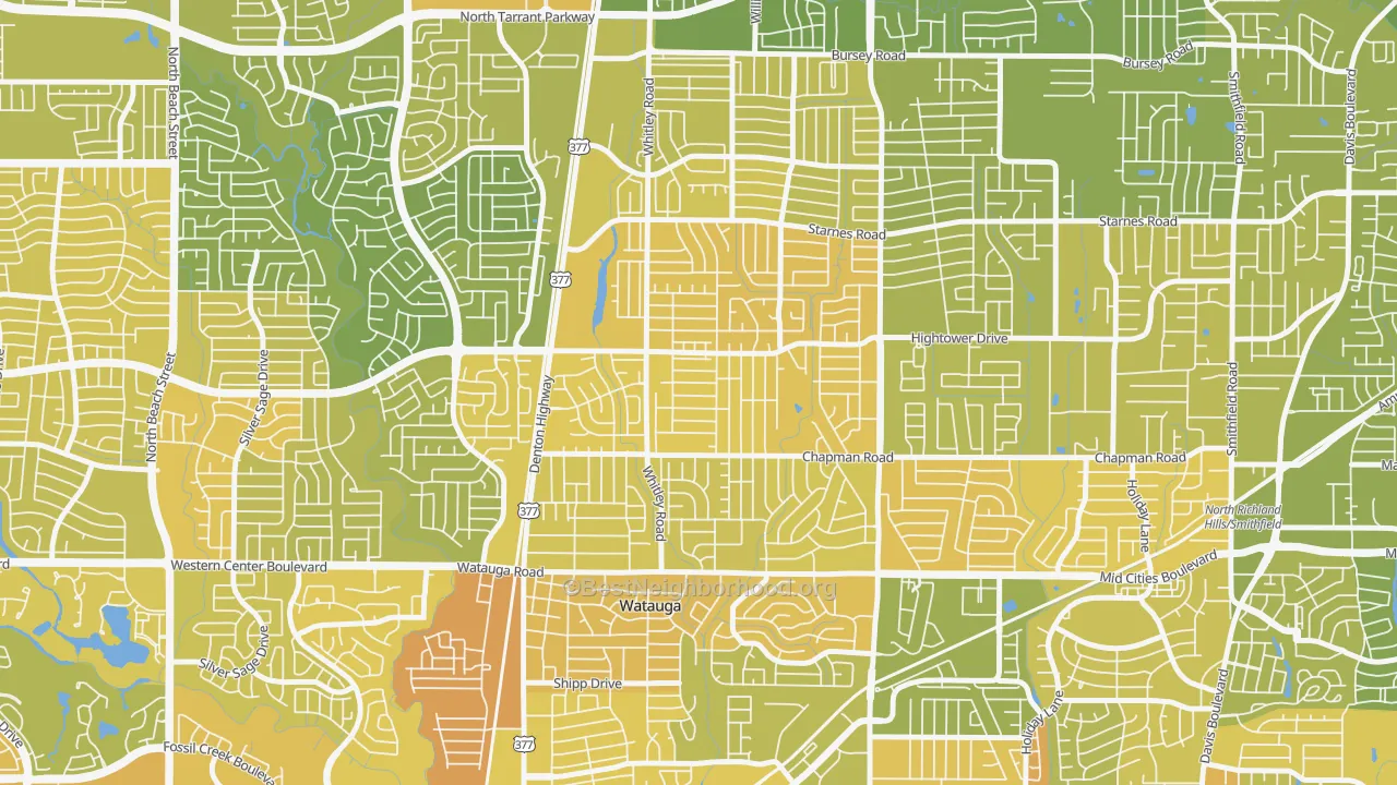 Map of the best neighborhoods in the Watauga area, with better matches in green and worse matches in red
