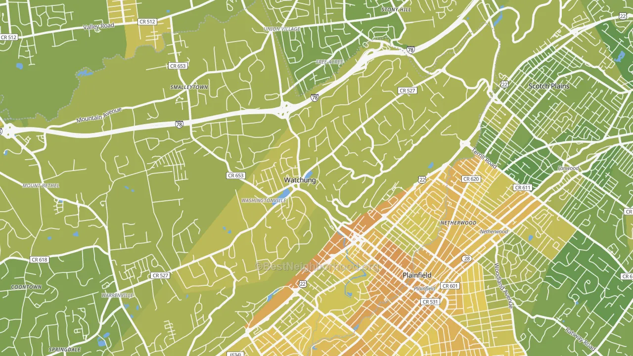 Map of the best neighborhoods in the Watchung area, with better matches in green and worse matches in red
