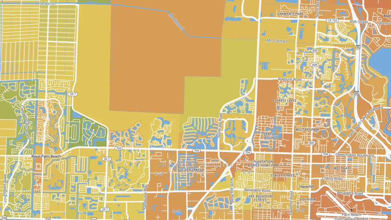 Map of the best neighborhoods in the Water Catchment Area, West Palm Beach area, with better matches in green and worse matches in red
