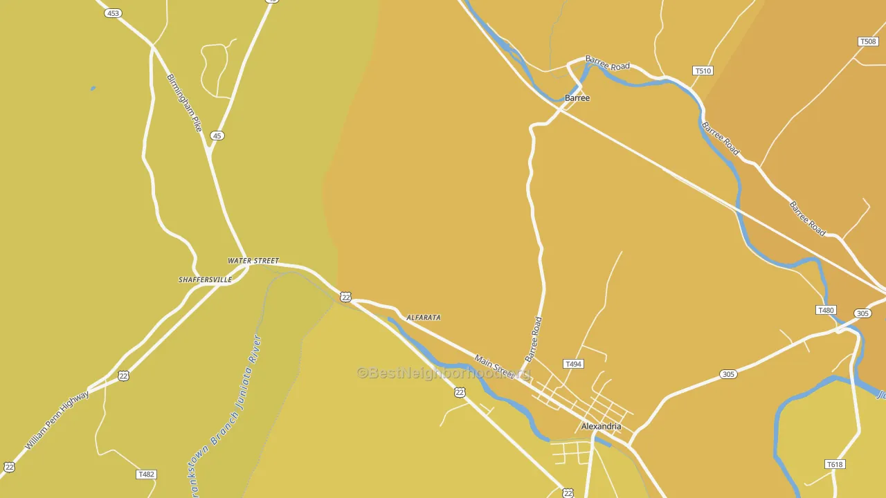 Map of the best neighborhoods in the Water Street area, with better matches in green and worse matches in red