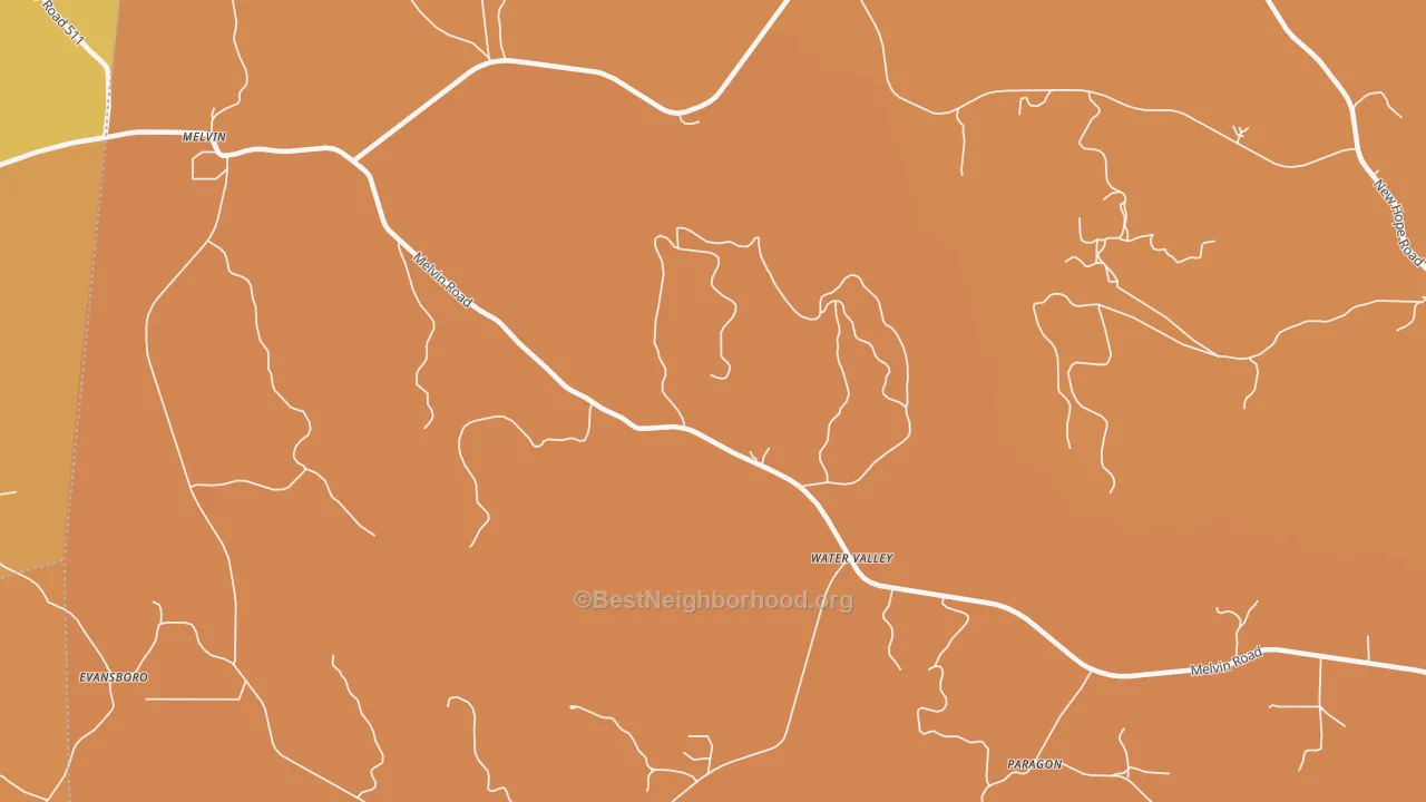 Map of the best neighborhoods in the Water Valley area, with better matches in green and worse matches in red
