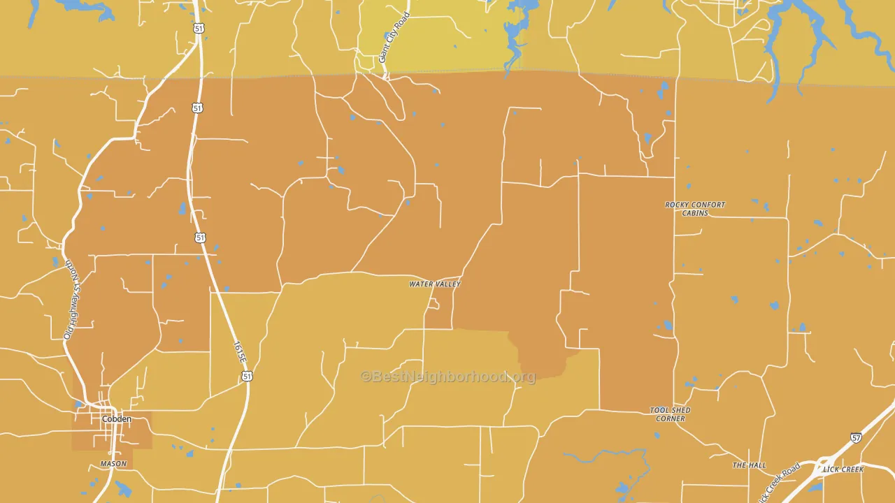 Map of the best neighborhoods in the Water Valley area, with better matches in green and worse matches in red