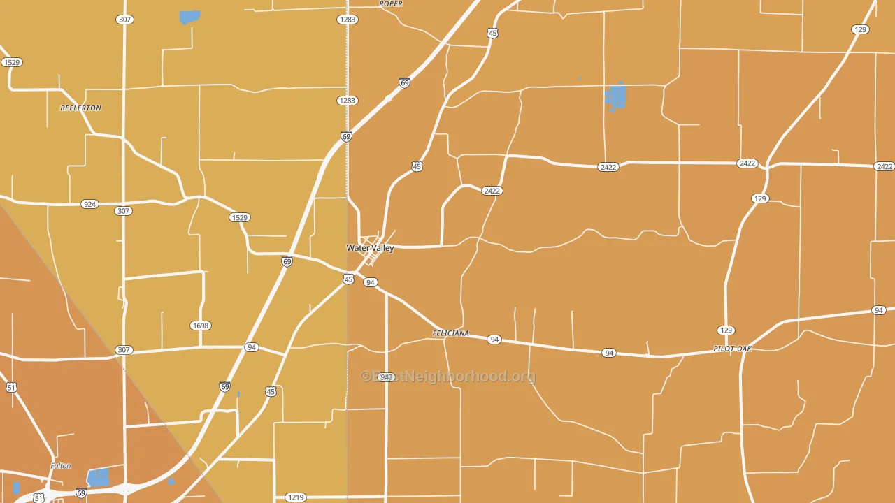 Map of the best neighborhoods in the Water Valley area, with better matches in green and worse matches in red