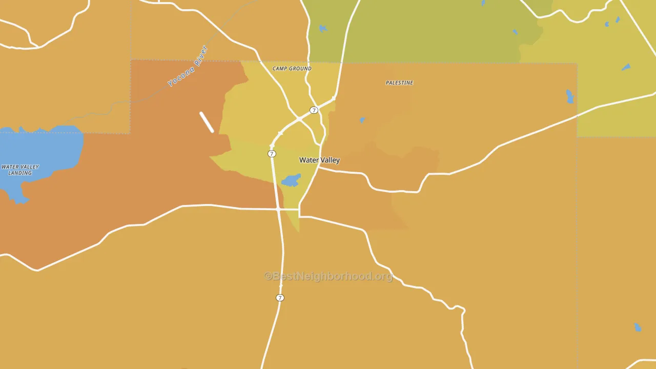 Map of the best neighborhoods in the Water Valley area, with better matches in green and worse matches in red