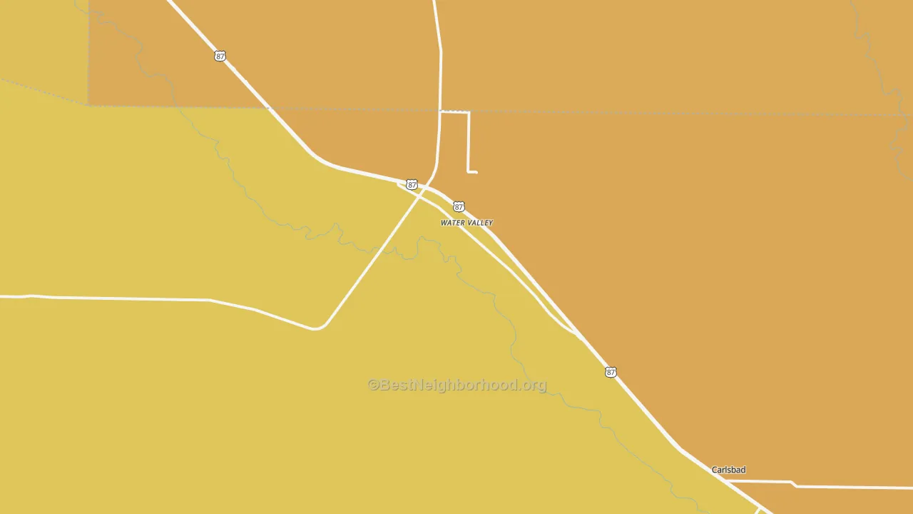 Map of the best neighborhoods in the Water Valley area, with better matches in green and worse matches in red