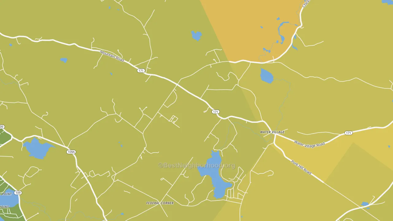 Map of the best neighborhoods in the Water Village area, with better matches in green and worse matches in red