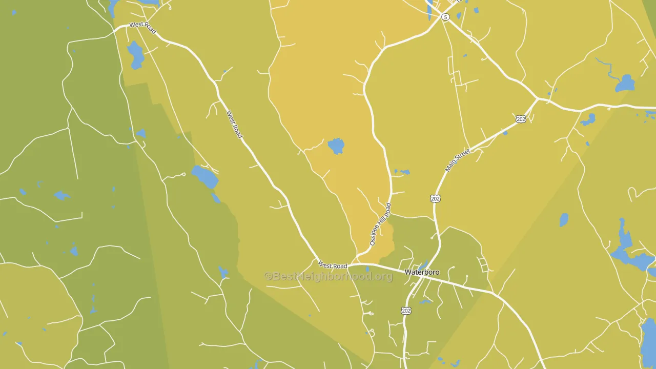 Map of the best neighborhoods in the Waterboro area, with better matches in green and worse matches in red