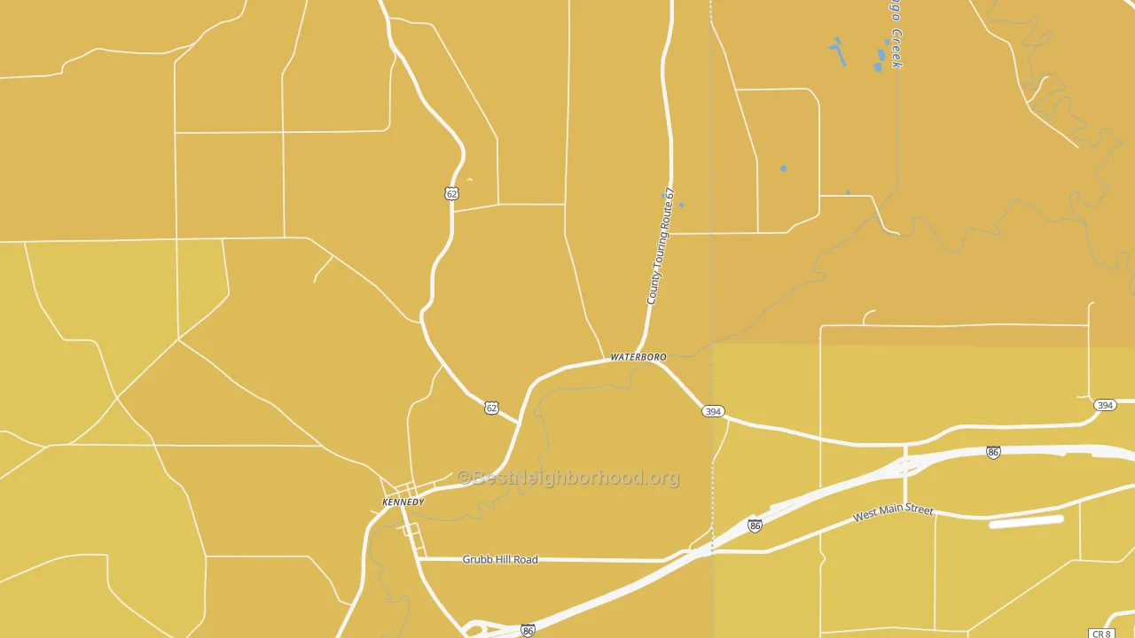 Map of the best neighborhoods in the Waterboro area, with better matches in green and worse matches in red
