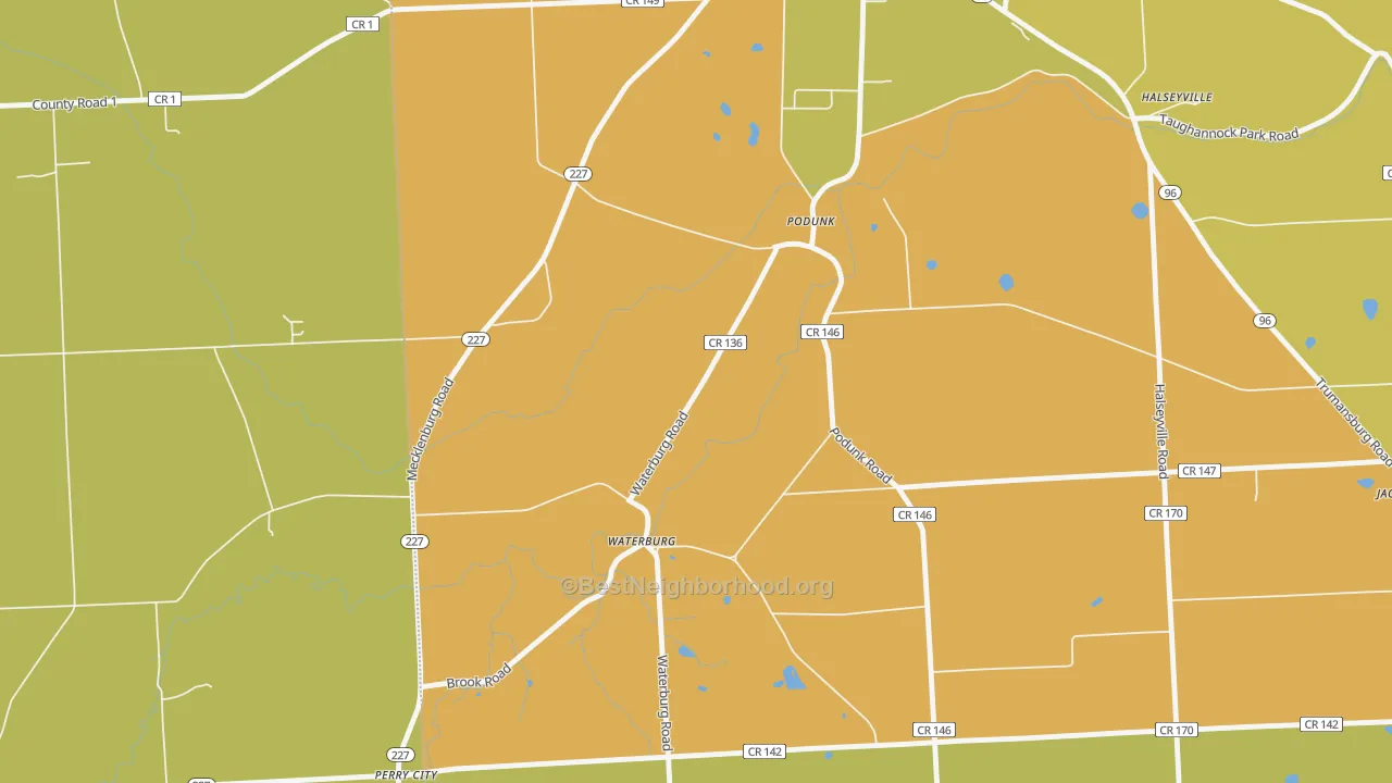 Map of the best neighborhoods in the Waterburg area, with better matches in green and worse matches in red